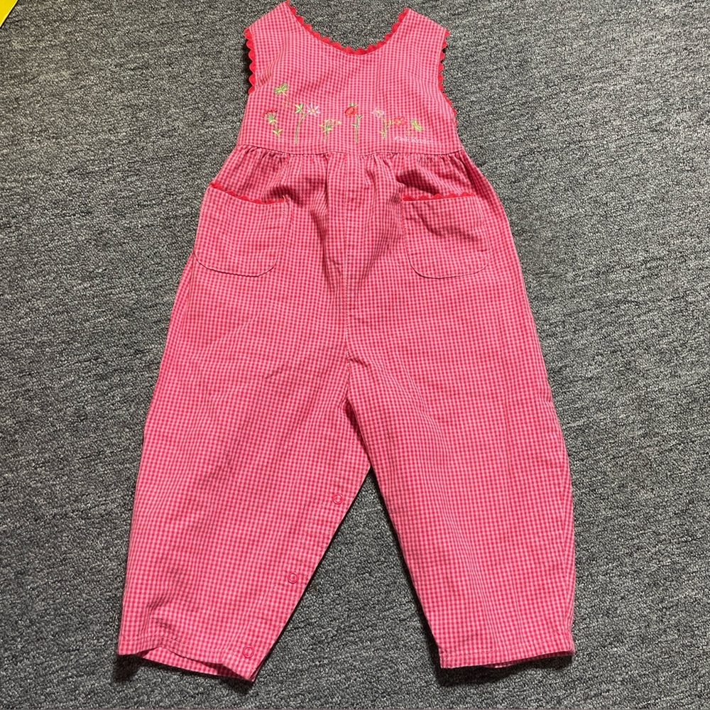 Vintage Oshkosh Bgosh Baby Girls Overalls Size 18M Red Floral Plaid USA